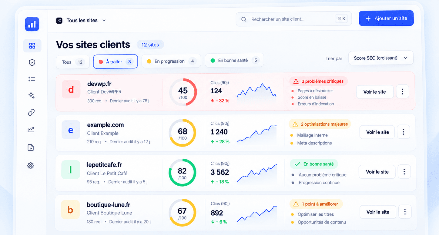 Liste des sites clients avec score SEO et alertes